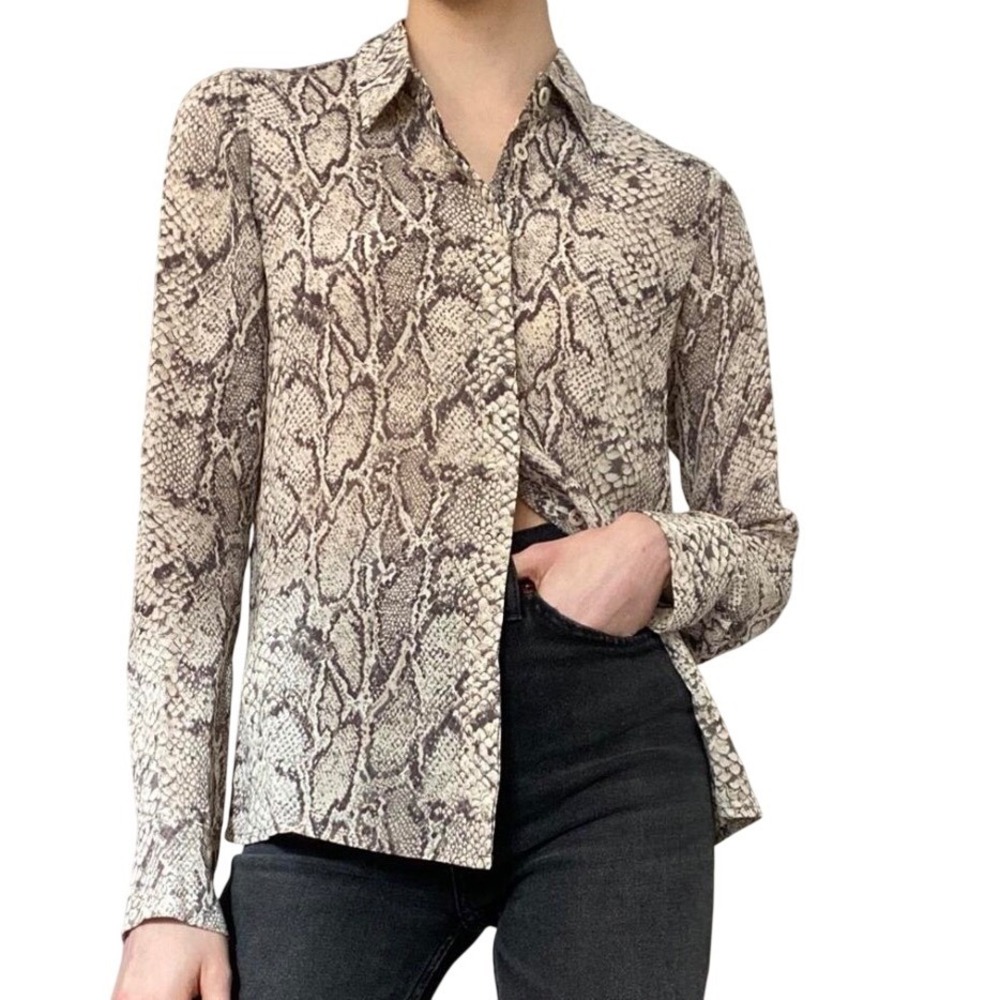 Reformation Top Button Down Brown Tan Snakeskin Long Sleeve Women Size XS